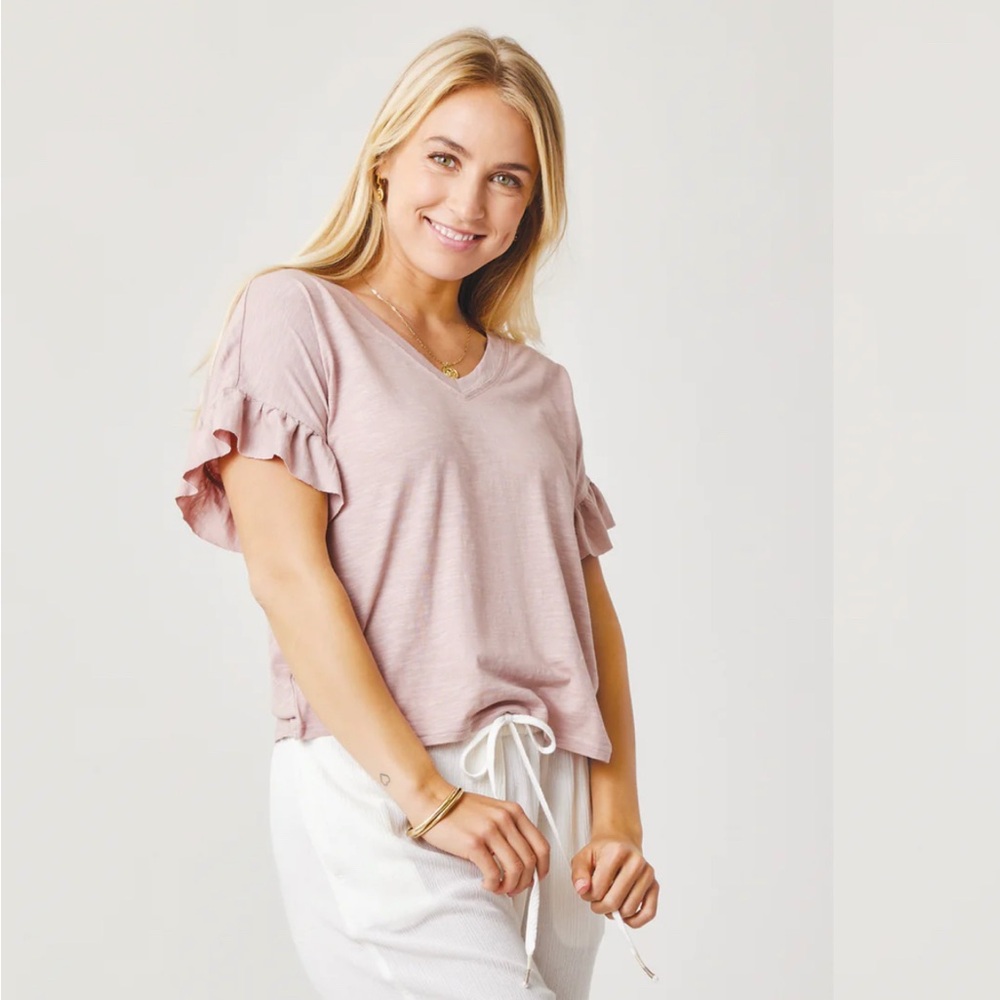 Carve Designs Hazel V-Neck Tee with Ruffle Sleeves in Fawn